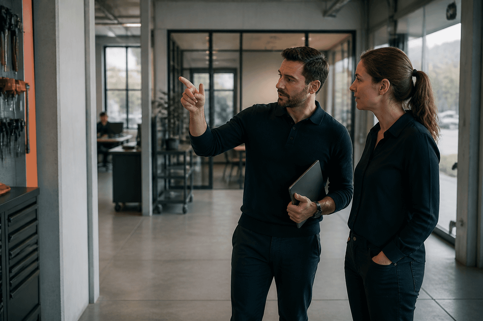 Un formateur et une responsable sécurité examinent ensemble un espace de travail.