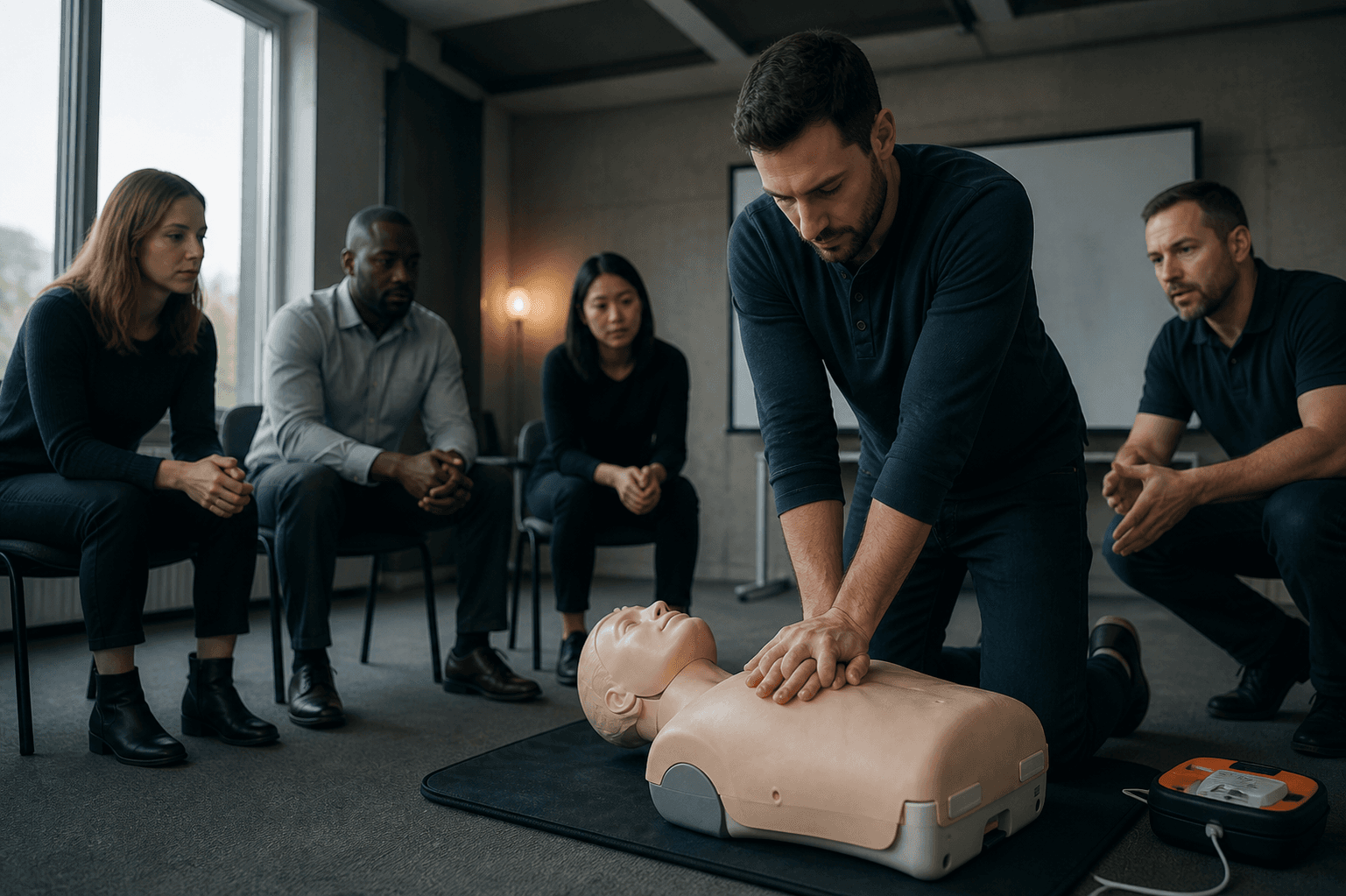 Un participant réalise des compressions sur un mannequin pendant que le groupe observe.