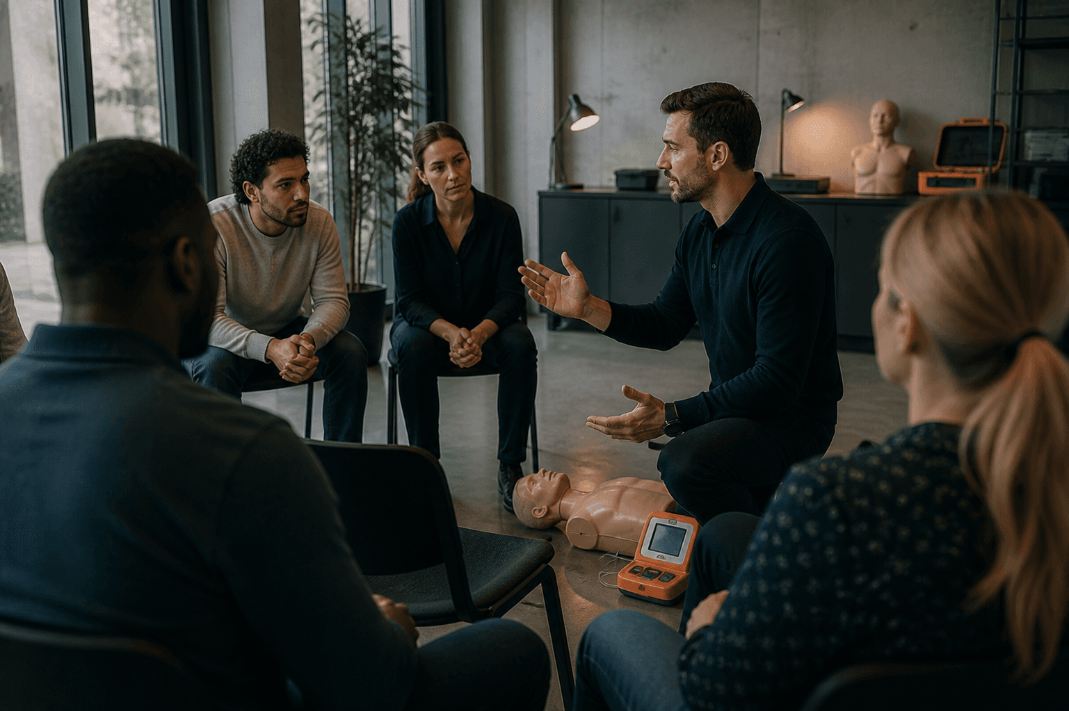 Un formateur échange avec plusieurs participants pendant une session.