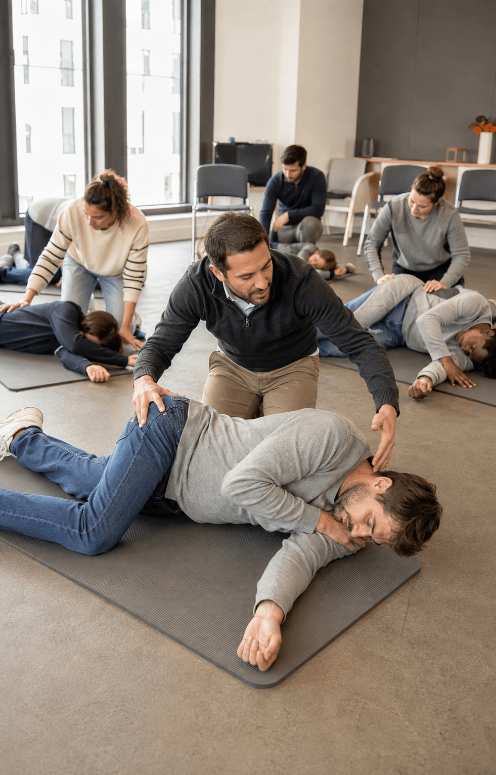 Des collaborateurs pratiquent la position latérale de sécurité en binômes avec un formateur.