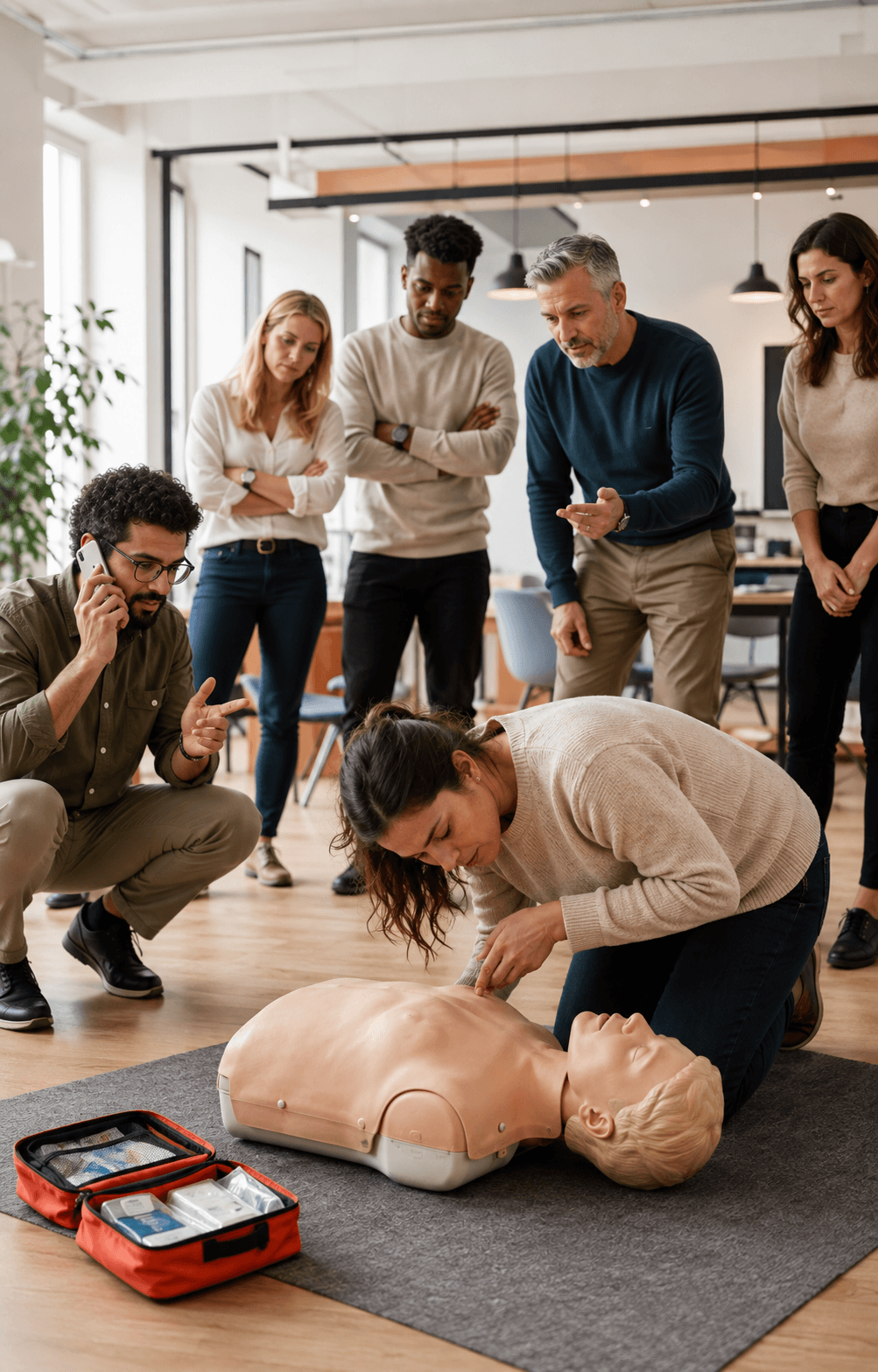Des collaborateurs apprennent à évaluer une victime et à donner l’alerte pendant un exercice de premiers secours.