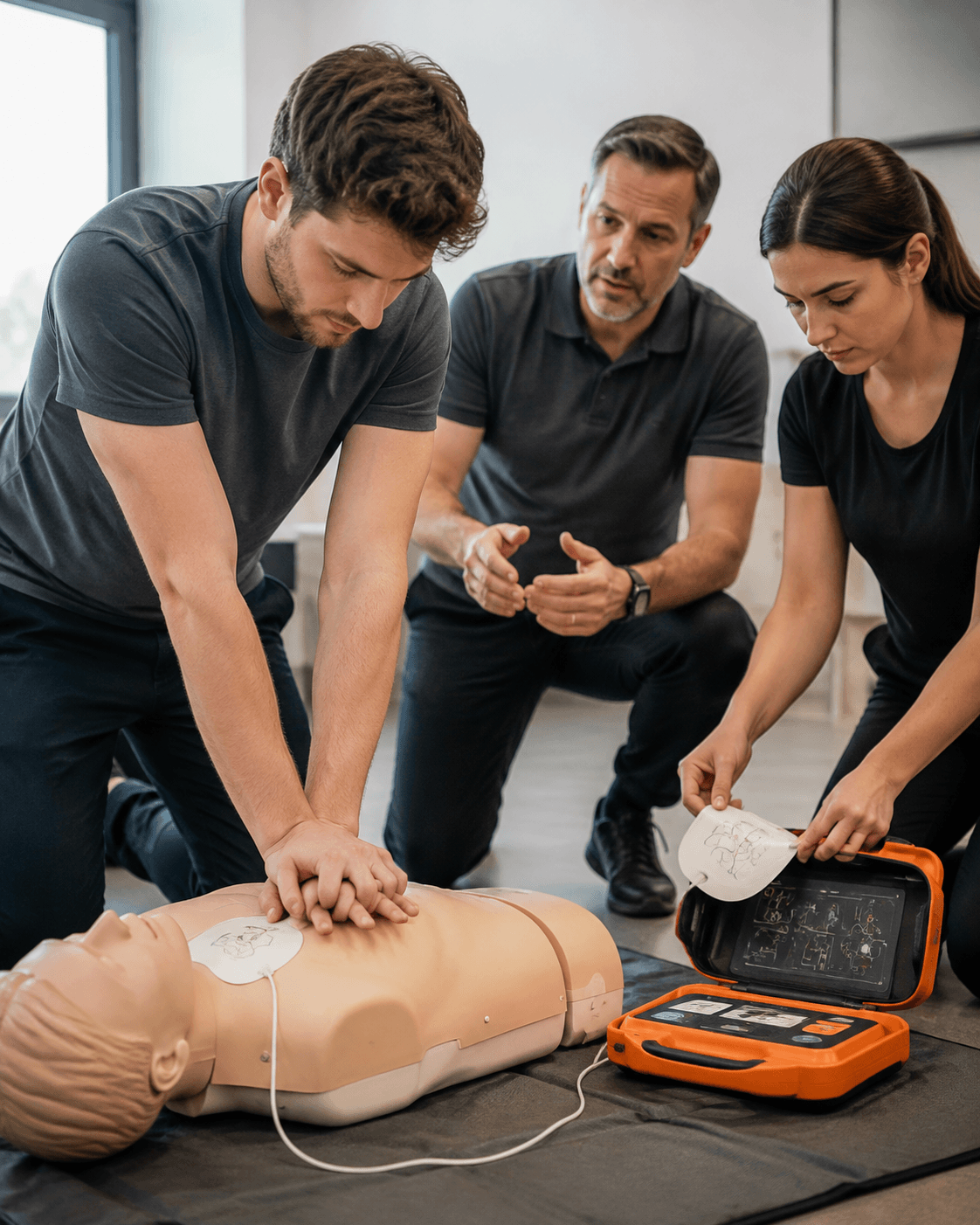 Deux participants s’entraînent aux compressions et à l’utilisation d’un défibrillateur sur un mannequin.