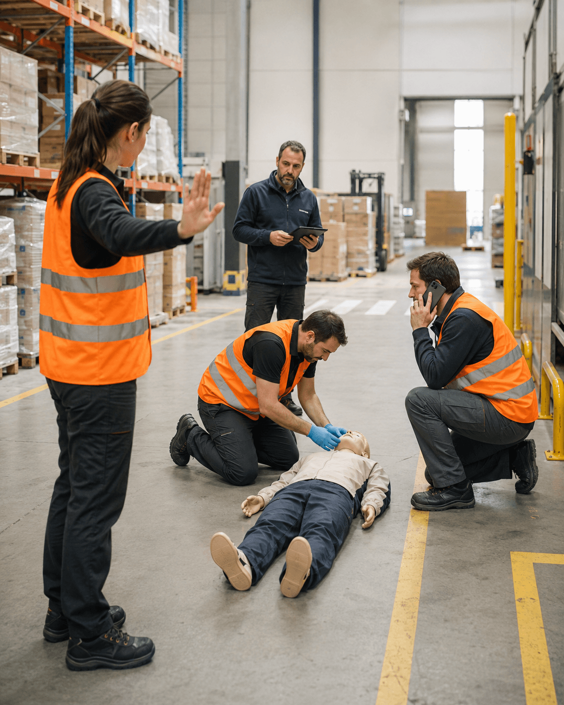 Une équipe coordonne ses actions autour d’un mannequin pendant une simulation d’urgence en entrepôt.