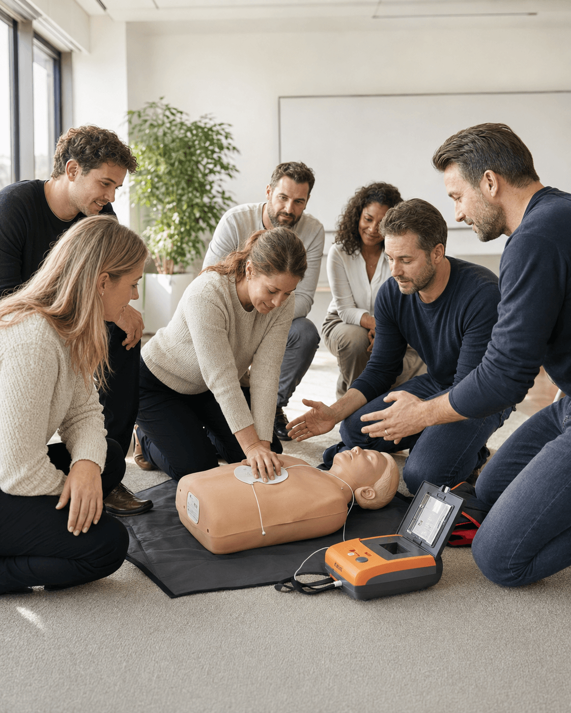 Une équipe s’entraîne aux gestes de réanimation avec un formateur et un mannequin.